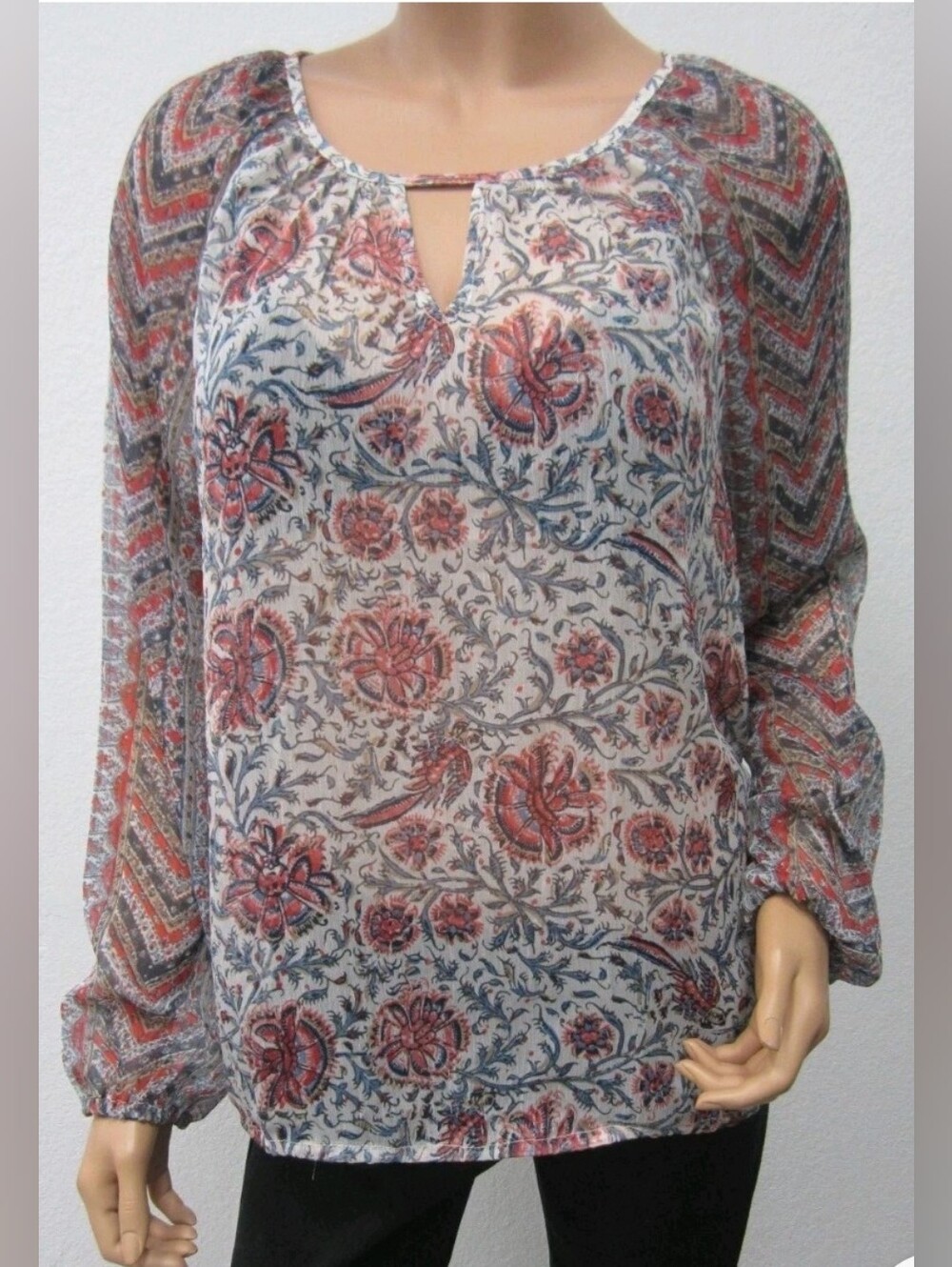 Lucky Brand Sheer Floral Americana Boho Peasant Blouse